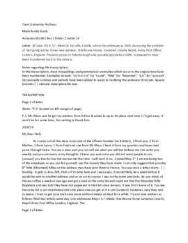 Letter: June 10, 1916: S.T. Medd to Mrs. Medd, discussing the problem of mail going astray. Gives new address, Strathcona House, Canadian Cavalry Depot, Army Post Office, London, England. Property prices in Peterborough and possible population shifts. Is pleased to have been transferred back to the calvary.