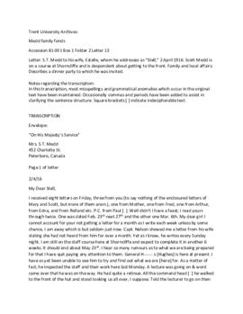 Letter: April 2, 1916: S.T. Medd to Mrs. Medd. He's on the course at Shorncliffe and is despondent about getting to the front. Family and local affairs. Describes a dinner party to which he was invited.