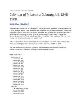 Calendar of Prisoners: Cobourg Jail, 1846- 1908.