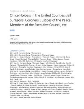 Office Holders in the United Counties: Jail Surgeons, Coroners, Justices of the Peace, Members of the Executive Council, etc.