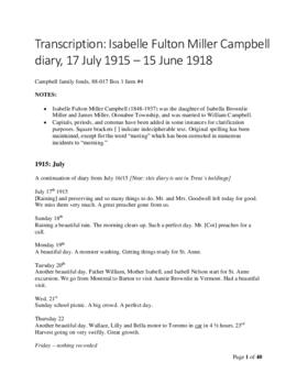 Diary of Isabelle Fulton Miller Campbell of Keene, Ontario