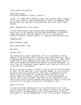 Letter: S.T. Medd, North Bramshott Camp, near Liphook, Hants, England, to his wife, Estelle, whom he addresses as “Stell,” 28 November 1915. He describes the camp and living conditions and writes about family matters.