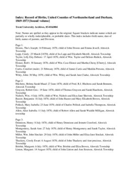 Record of Births, United Counties of Northumberland and Durham