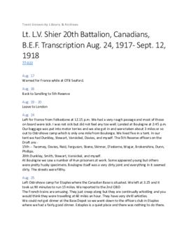 Lt. L.V. Shier 20th Battalion, Canadians, B.E.F. Transcription Aug. 24, 1917 - Sept. 12, 1918