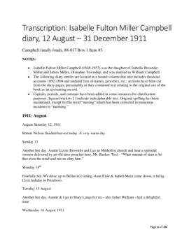 Diary of Isabelle Fulton Miller Campbell of Keene, Ontario